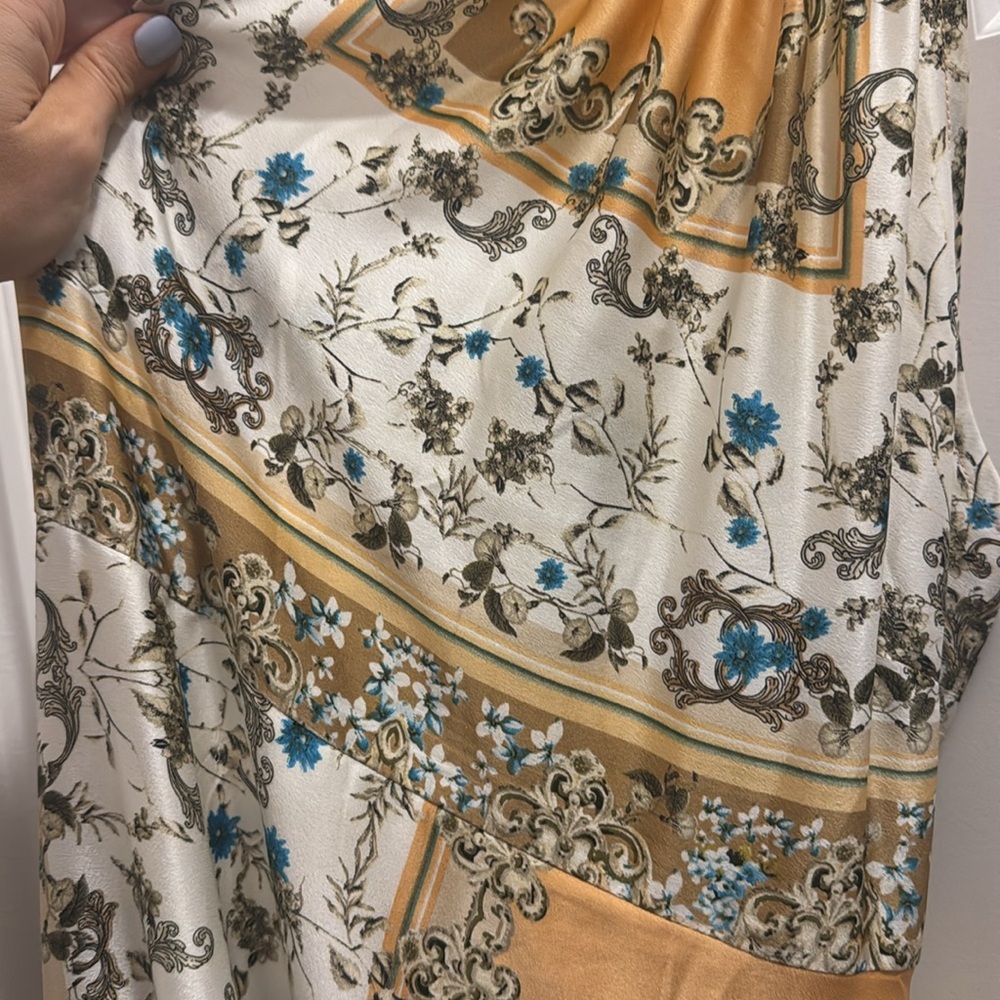 Divinely Inspired White Scarf Print Satin Backless Maxi Dress - Picture 3 of 3
